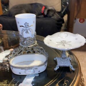 Vintage 3 peace Silver Soap Dish Cup & Holder and plate